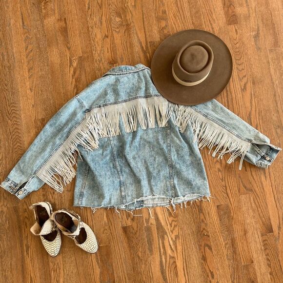 Jackets & Blazers - Rhinestone Fringe Jean Jacket Handmade Cowgirl Ranch Bride XL
